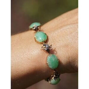 Vintage 14k Solid Yellow Gold Silver Natural Diamond‎ & Jadeite Jade Bracelet